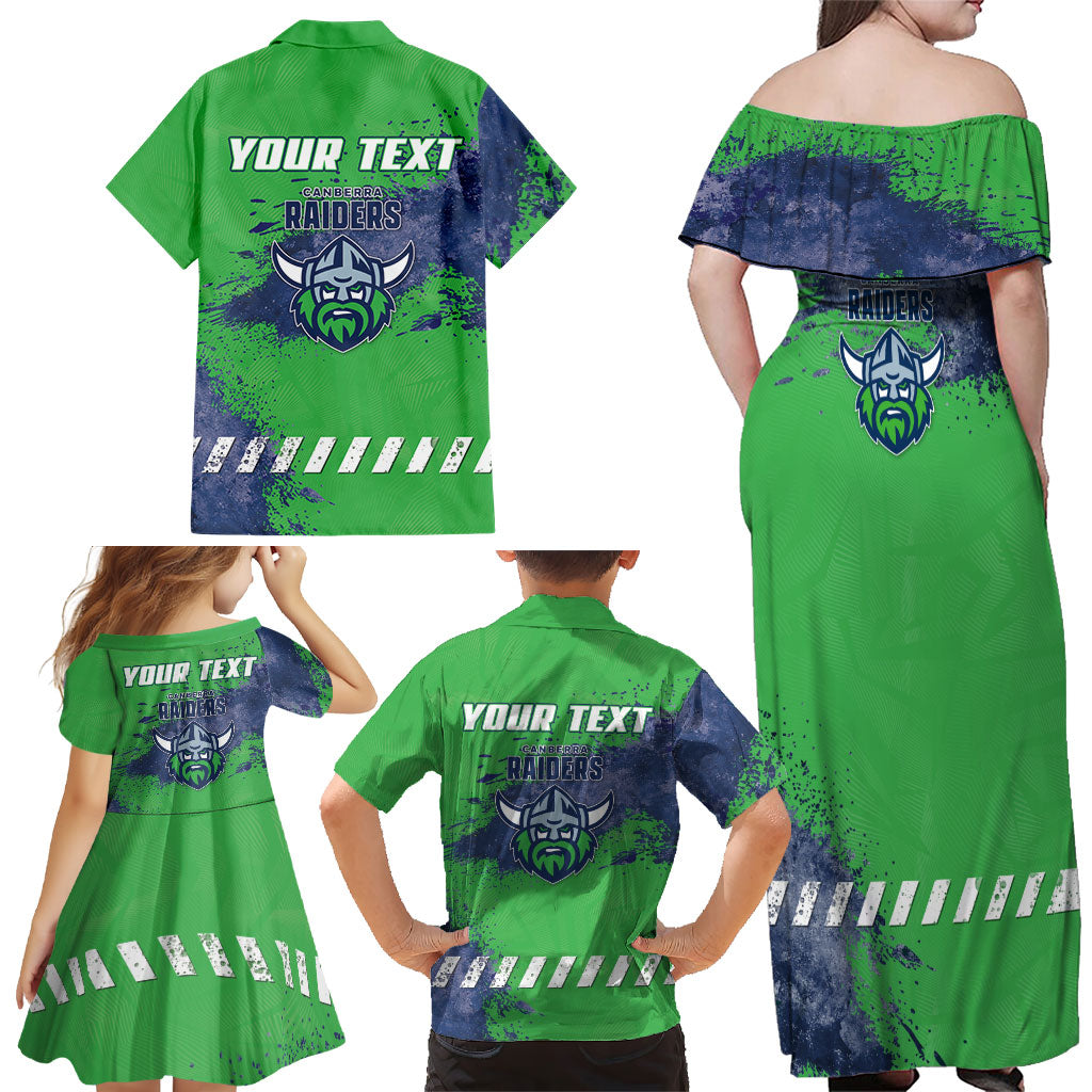 Personalised Canberra Raiders Rugby Family Matching Off Shoulder Maxi Dress and Hawaiian Shirt Viking Green Machine Mascot - Sporty Splash Art Style