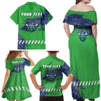 Personalised Canberra Raiders Rugby Family Matching Off Shoulder Maxi Dress and Hawaiian Shirt Viking Green Machine Mascot - Sporty Splash Art Style