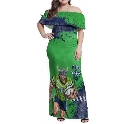 Personalised Canberra Raiders Rugby Family Matching Off Shoulder Maxi Dress and Hawaiian Shirt Viking Green Machine Mascot - Sporty Splash Art Style