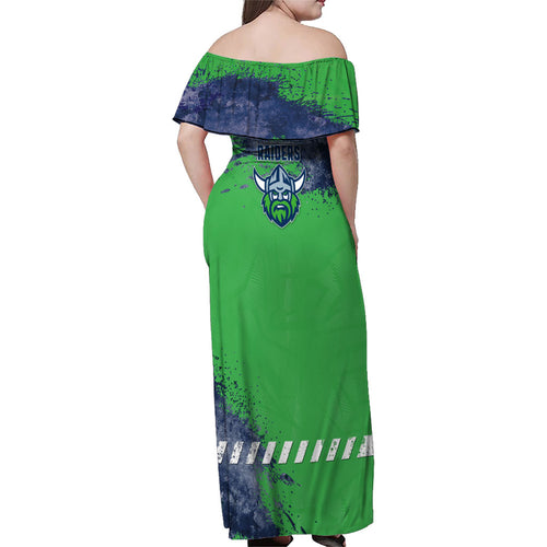 Personalised Canberra Raiders Rugby Family Matching Off Shoulder Maxi Dress and Hawaiian Shirt Viking Green Machine Mascot - Sporty Splash Art Style