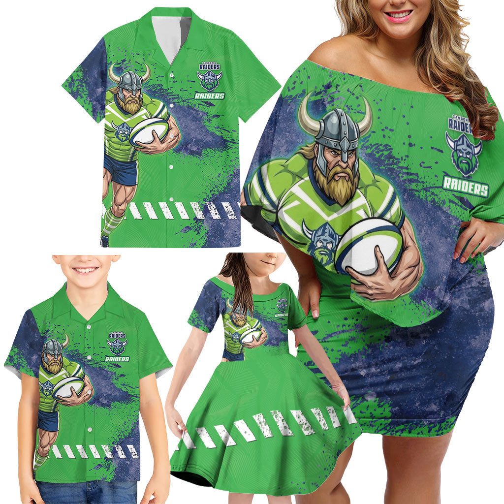 Personalised Canberra Raiders Rugby Family Matching Off Shoulder Short Dress and Hawaiian Shirt Viking Green Machine Mascot - Sporty Splash Art Style