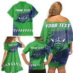Personalised Canberra Raiders Rugby Family Matching Off Shoulder Short Dress and Hawaiian Shirt Viking Green Machine Mascot - Sporty Splash Art Style