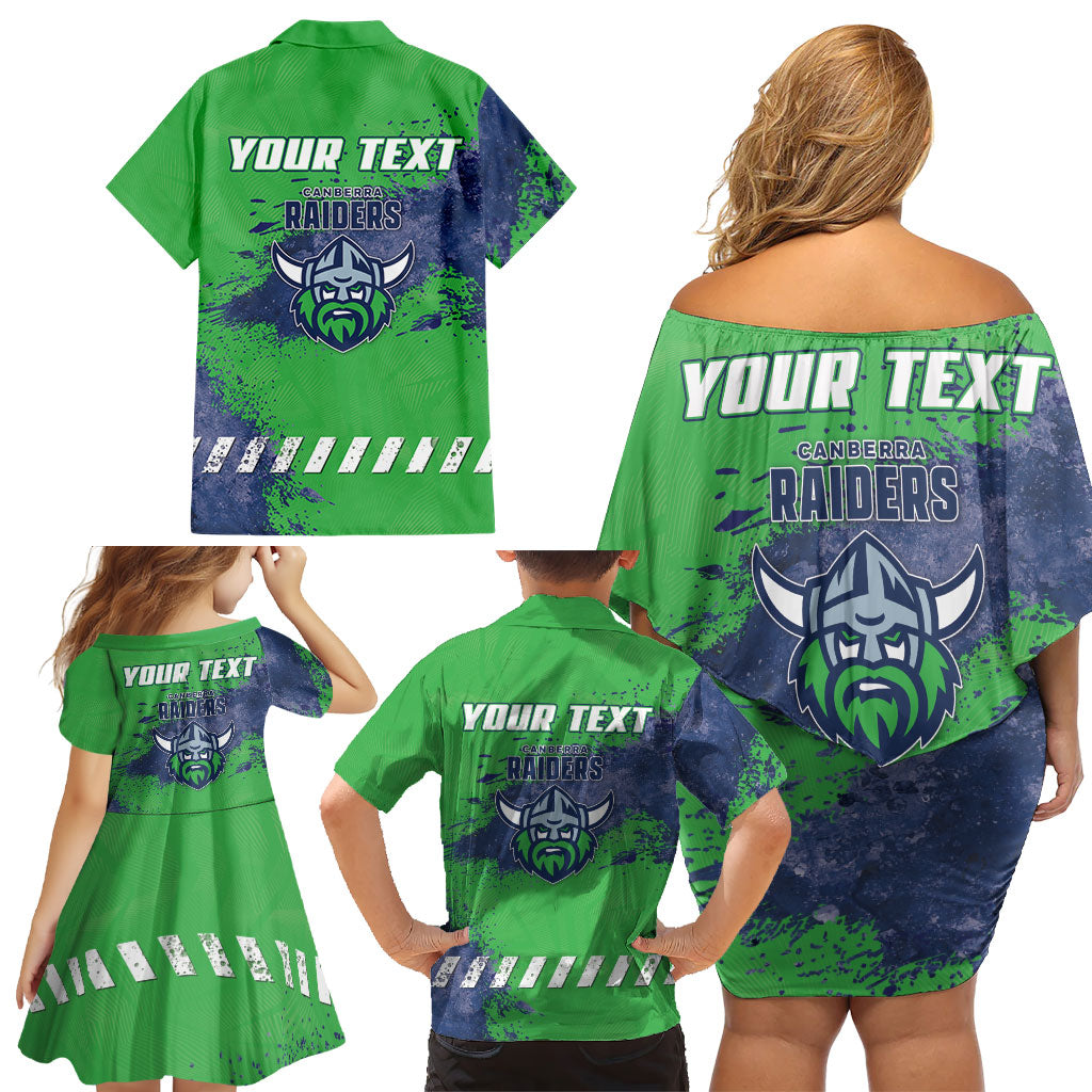Personalised Canberra Raiders Rugby Family Matching Off Shoulder Short Dress and Hawaiian Shirt Viking Green Machine Mascot - Sporty Splash Art Style
