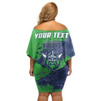 Personalised Canberra Raiders Rugby Family Matching Off Shoulder Short Dress and Hawaiian Shirt Viking Green Machine Mascot - Sporty Splash Art Style