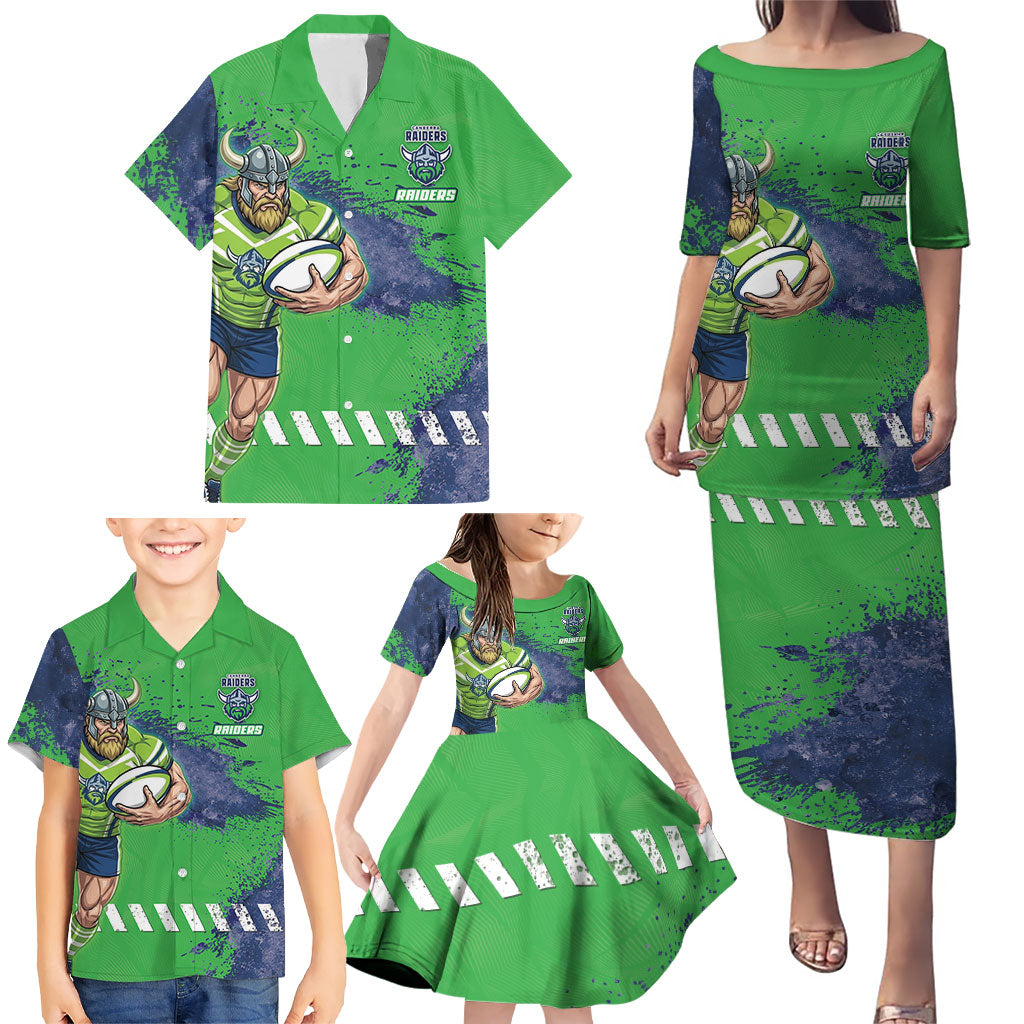 Personalised Canberra Raiders Rugby Family Matching Puletasi and Hawaiian Shirt Viking Green Machine Mascot - Sporty Splash Art Style