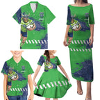 Personalised Canberra Raiders Rugby Family Matching Puletasi and Hawaiian Shirt Viking Green Machine Mascot - Sporty Splash Art Style