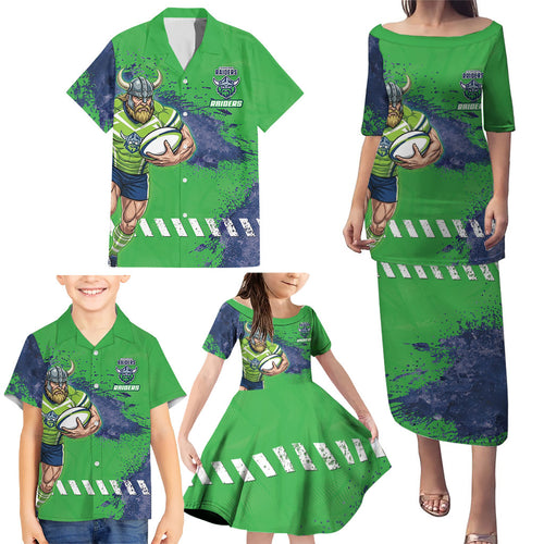 Personalised Canberra Raiders Rugby Family Matching Puletasi and Hawaiian Shirt Viking Green Machine Mascot - Sporty Splash Art Style