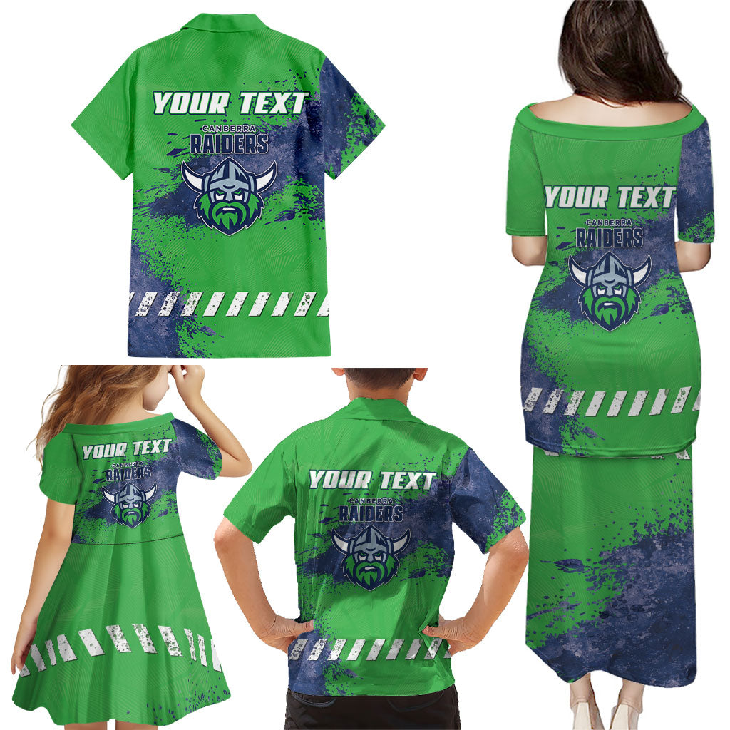 Personalised Canberra Raiders Rugby Family Matching Puletasi and Hawaiian Shirt Viking Green Machine Mascot - Sporty Splash Art Style