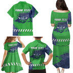 Personalised Canberra Raiders Rugby Family Matching Puletasi and Hawaiian Shirt Viking Green Machine Mascot - Sporty Splash Art Style