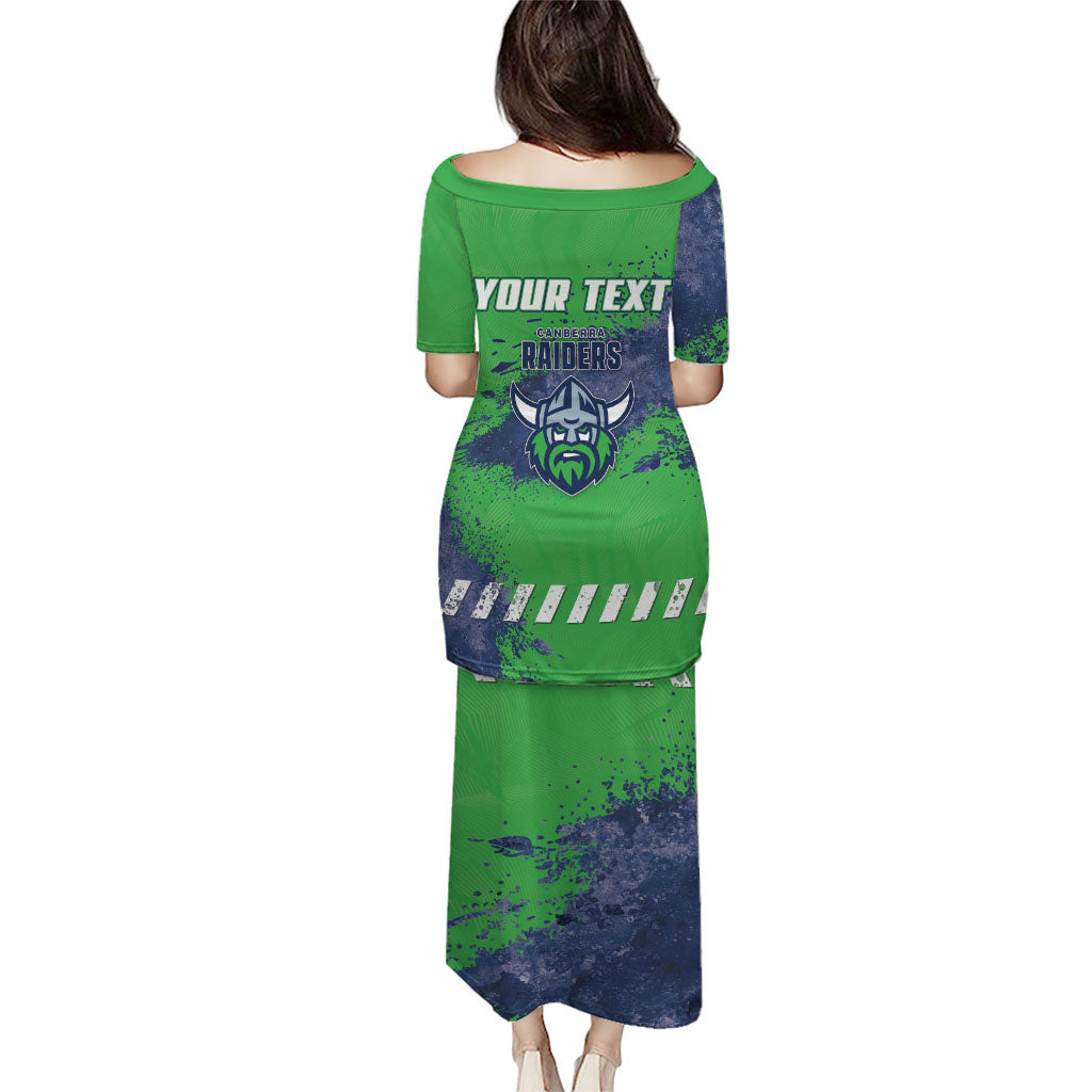 Personalised Canberra Raiders Rugby Family Matching Puletasi and Hawaiian Shirt Viking Green Machine Mascot - Sporty Splash Art Style