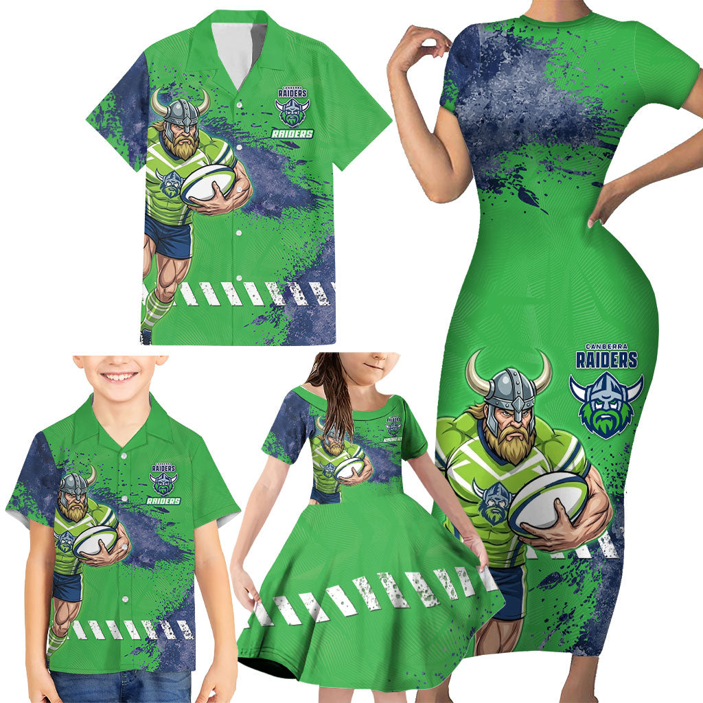 Personalised Canberra Raiders Rugby Family Matching Short Sleeve Bodycon Dress and Hawaiian Shirt Viking Green Machine Mascot - Sporty Splash Art Style