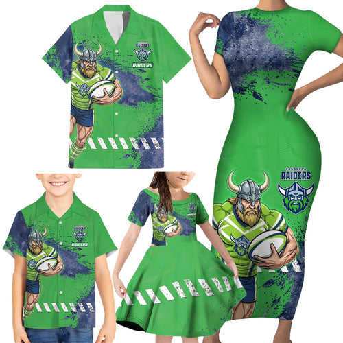 Personalised Canberra Raiders Rugby Family Matching Short Sleeve Bodycon Dress and Hawaiian Shirt Viking Green Machine Mascot - Sporty Splash Art Style