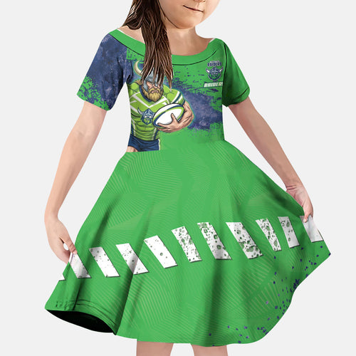 Personalised Canberra Raiders Rugby Family Matching Short Sleeve Bodycon Dress and Hawaiian Shirt Viking Green Machine Mascot - Sporty Splash Art Style