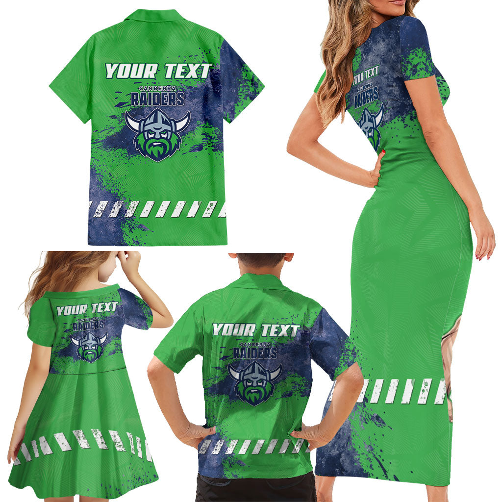 Personalised Canberra Raiders Rugby Family Matching Short Sleeve Bodycon Dress and Hawaiian Shirt Viking Green Machine Mascot - Sporty Splash Art Style