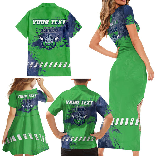 Personalised Canberra Raiders Rugby Family Matching Short Sleeve Bodycon Dress and Hawaiian Shirt Viking Green Machine Mascot - Sporty Splash Art Style