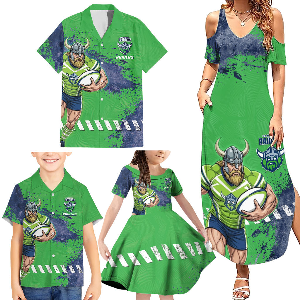 Personalised Canberra Raiders Rugby Family Matching Summer Maxi Dress and Hawaiian Shirt Viking Green Machine Mascot - Sporty Splash Art Style