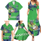 Personalised Canberra Raiders Rugby Family Matching Summer Maxi Dress and Hawaiian Shirt Viking Green Machine Mascot - Sporty Splash Art Style