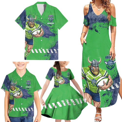 Personalised Canberra Raiders Rugby Family Matching Summer Maxi Dress and Hawaiian Shirt Viking Green Machine Mascot - Sporty Splash Art Style