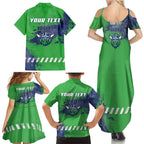 Personalised Canberra Raiders Rugby Family Matching Summer Maxi Dress and Hawaiian Shirt Viking Green Machine Mascot - Sporty Splash Art Style
