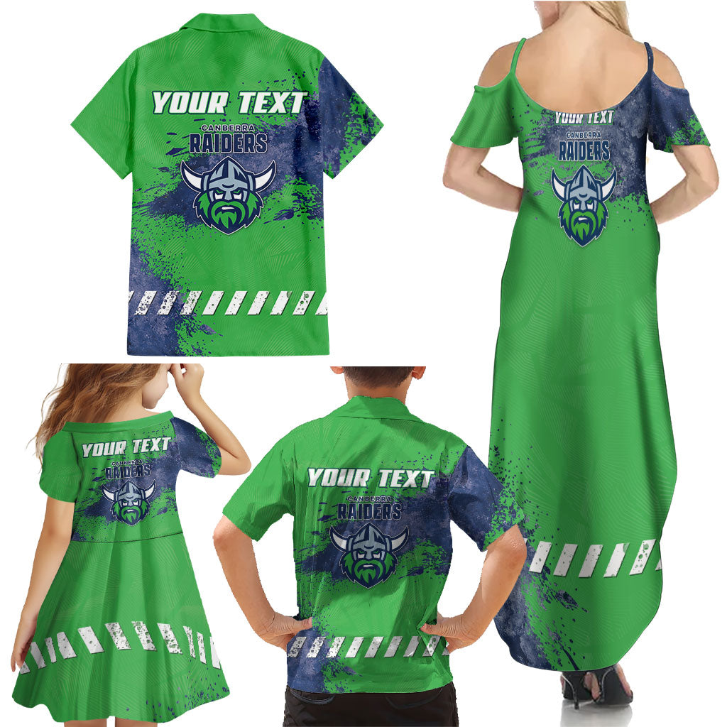 Personalised Canberra Raiders Rugby Family Matching Summer Maxi Dress and Hawaiian Shirt Viking Green Machine Mascot - Sporty Splash Art Style