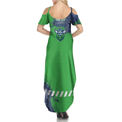 Personalised Canberra Raiders Rugby Family Matching Summer Maxi Dress and Hawaiian Shirt Viking Green Machine Mascot - Sporty Splash Art Style