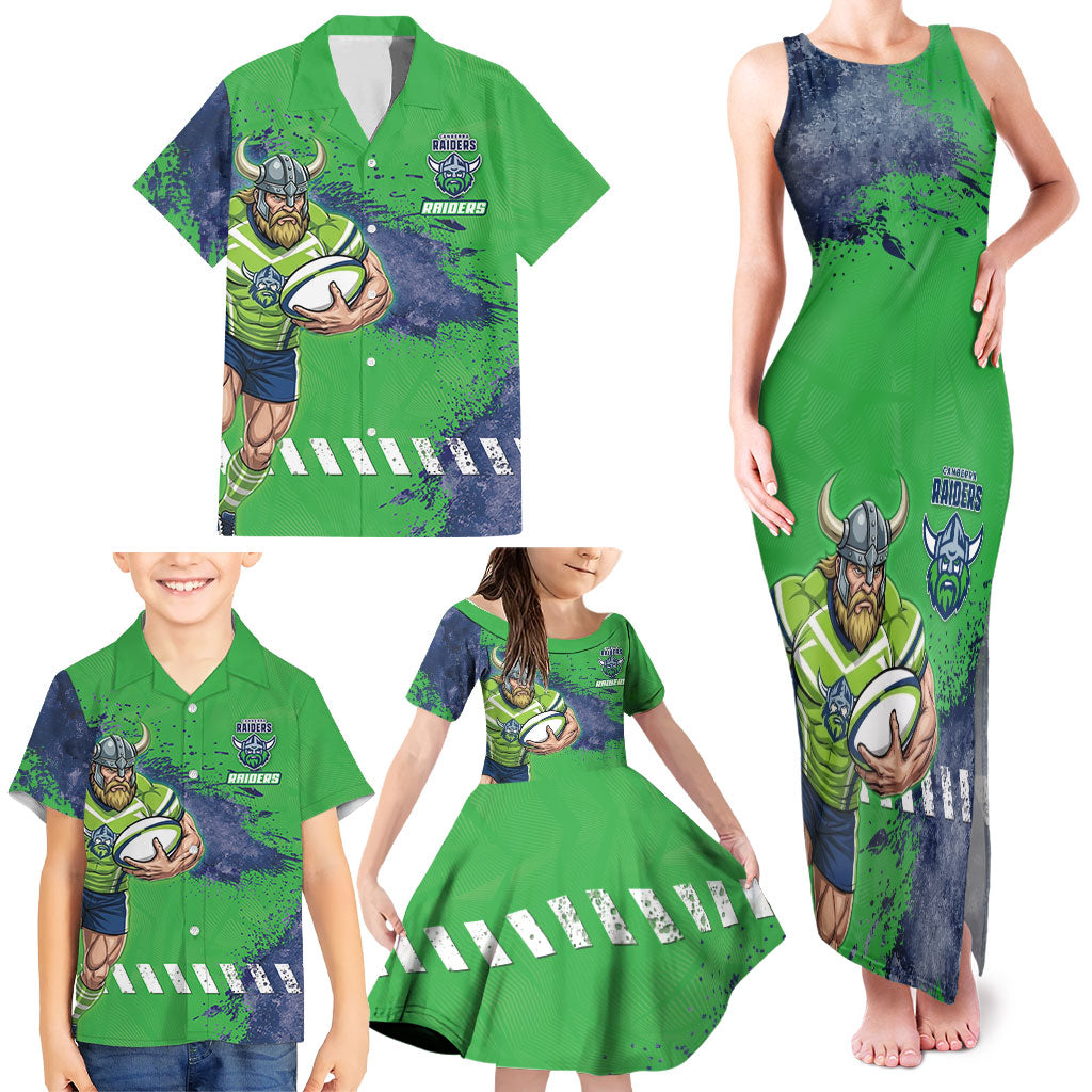 Personalised Canberra Raiders Rugby Family Matching Tank Maxi Dress and Hawaiian Shirt Viking Green Machine Mascot - Sporty Splash Art Style