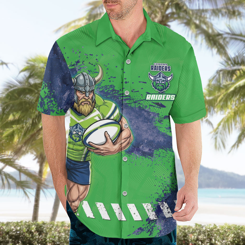 Personalised Canberra Raiders Rugby Hawaiian Shirt Viking Green Machine Mascot - Sporty Splash Art Style