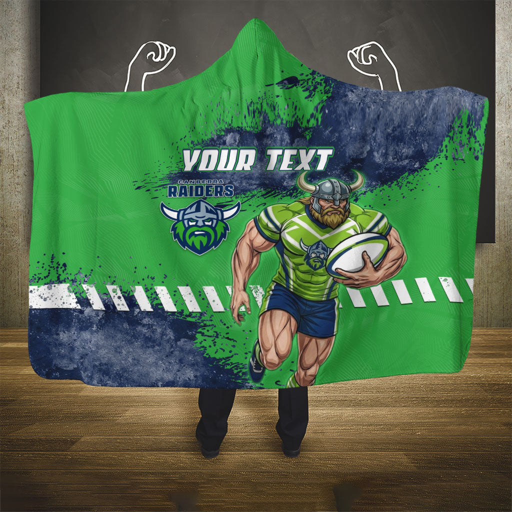 Personalised Canberra Raiders Rugby Hooded Blanket Viking Green Machine Mascot - Sporty Splash Art Style