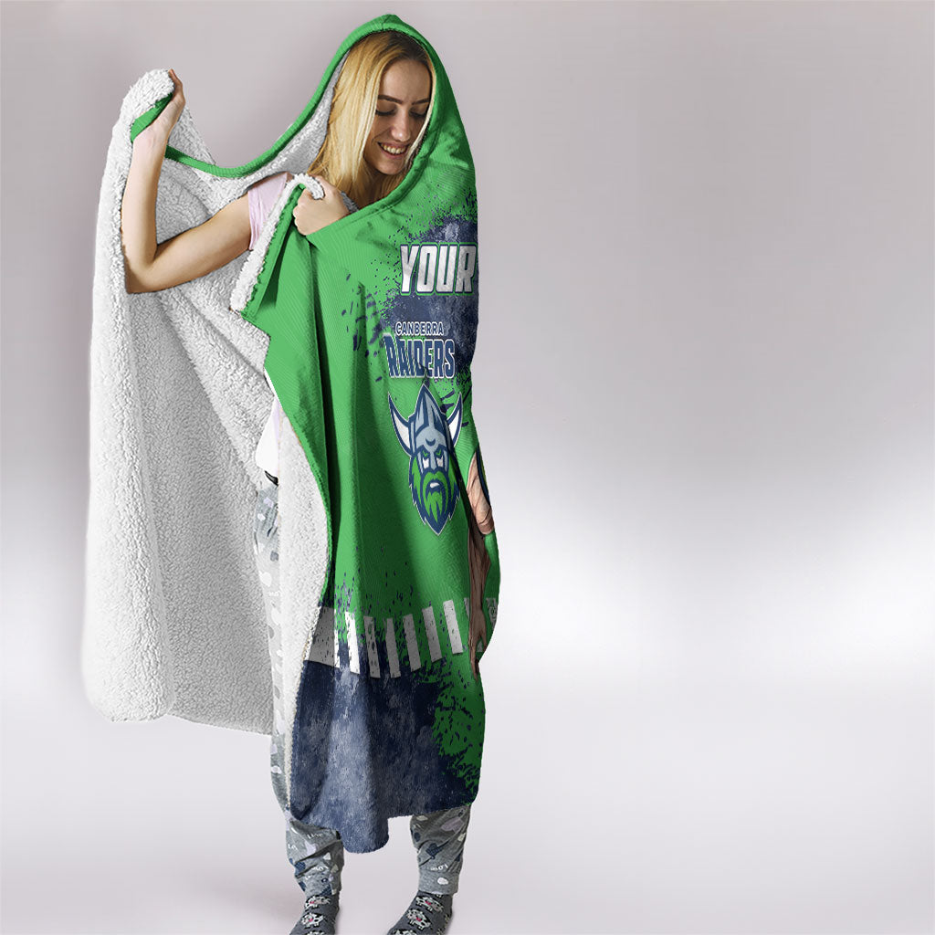 Personalised Canberra Raiders Rugby Hooded Blanket Viking Green Machine Mascot - Sporty Splash Art Style