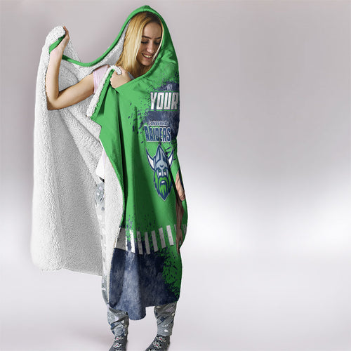 Personalised Canberra Raiders Rugby Hooded Blanket Viking Green Machine Mascot - Sporty Splash Art Style