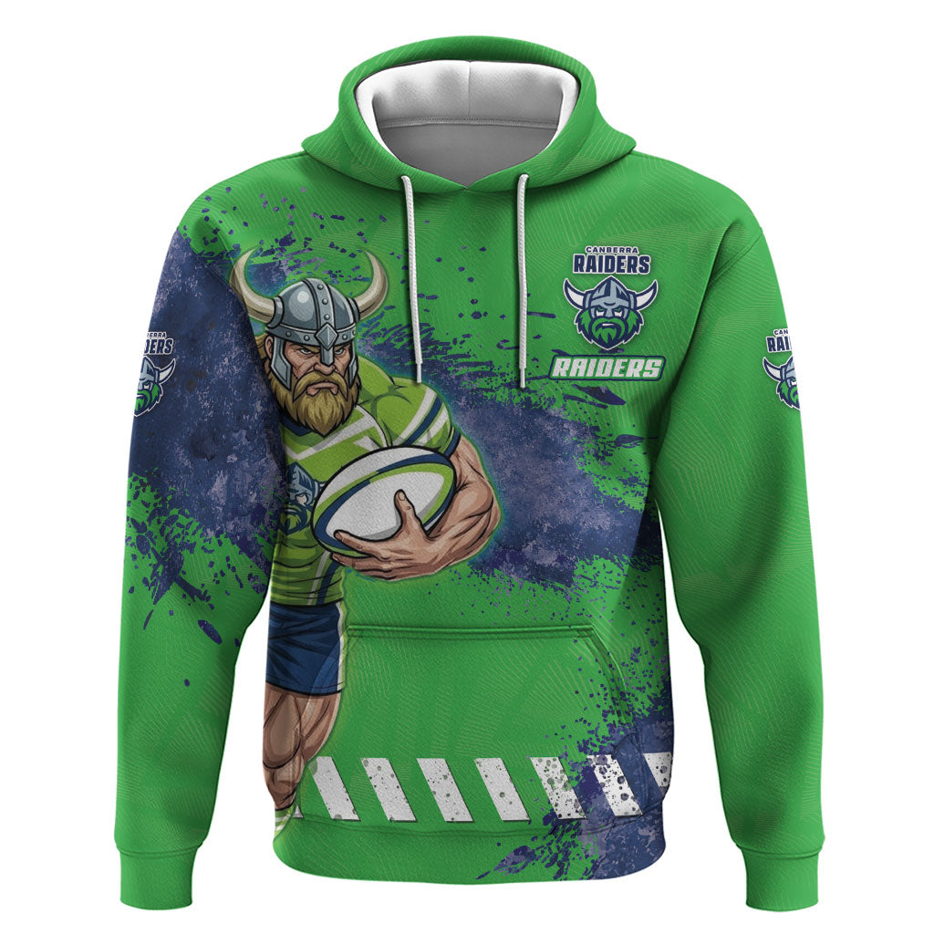 Personalised Canberra Raiders Rugby Hoodie Viking Green Machine Mascot - Sporty Splash Art Style