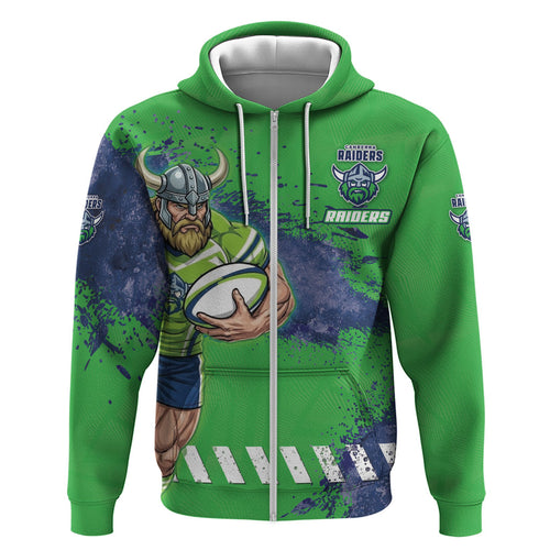 Personalised Canberra Raiders Rugby Hoodie Viking Green Machine Mascot - Sporty Splash Art Style