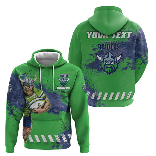Personalised Canberra Raiders Rugby Hoodie Viking Green Machine Mascot - Sporty Splash Art Style