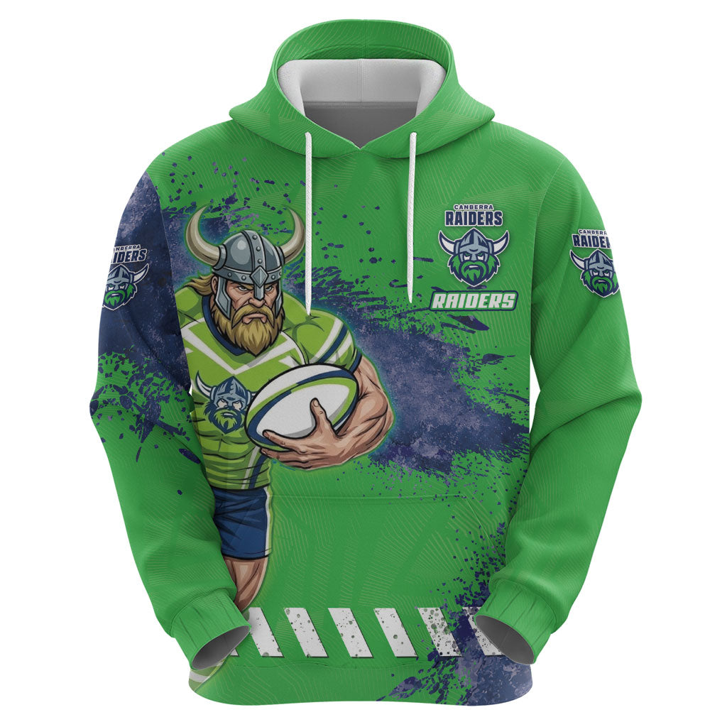 Personalised Canberra Raiders Rugby Hoodie Viking Green Machine Mascot - Sporty Splash Art Style