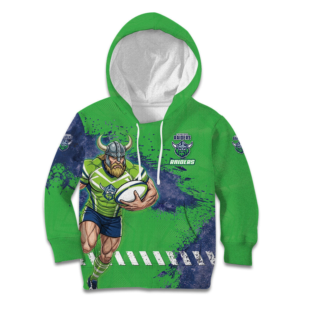 Personalised Canberra Raiders Rugby Kid Hoodie Viking Green Machine Mascot - Sporty Splash Art Style