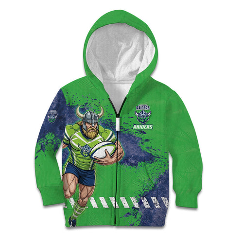 Personalised Canberra Raiders Rugby Kid Hoodie Viking Green Machine Mascot - Sporty Splash Art Style