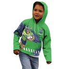 Personalised Canberra Raiders Rugby Kid Hoodie Viking Green Machine Mascot - Sporty Splash Art Style