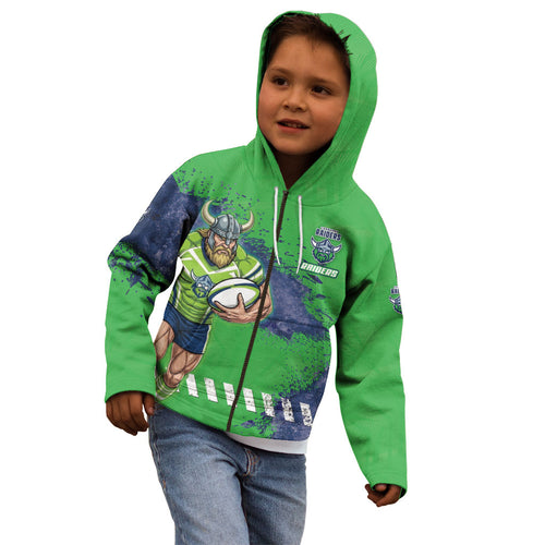 Personalised Canberra Raiders Rugby Kid Hoodie Viking Green Machine Mascot - Sporty Splash Art Style