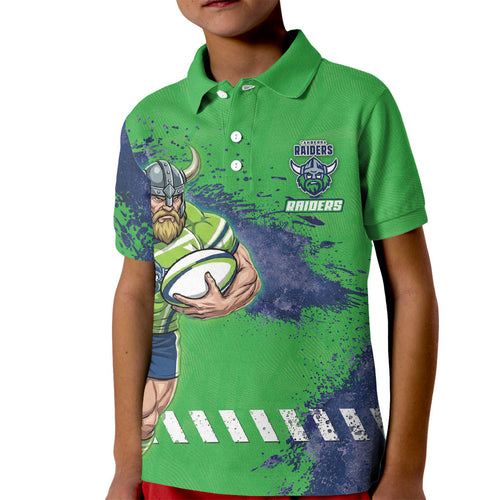 Personalised Canberra Raiders Rugby Kid Polo Shirt Viking Green Machine Mascot - Sporty Splash Art Style