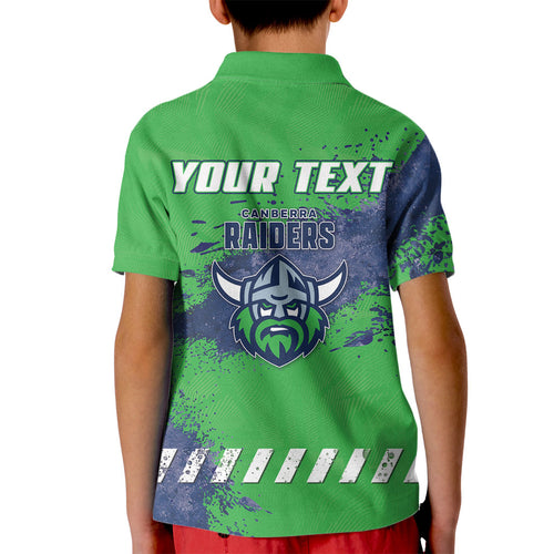 Personalised Canberra Raiders Rugby Kid Polo Shirt Viking Green Machine Mascot - Sporty Splash Art Style