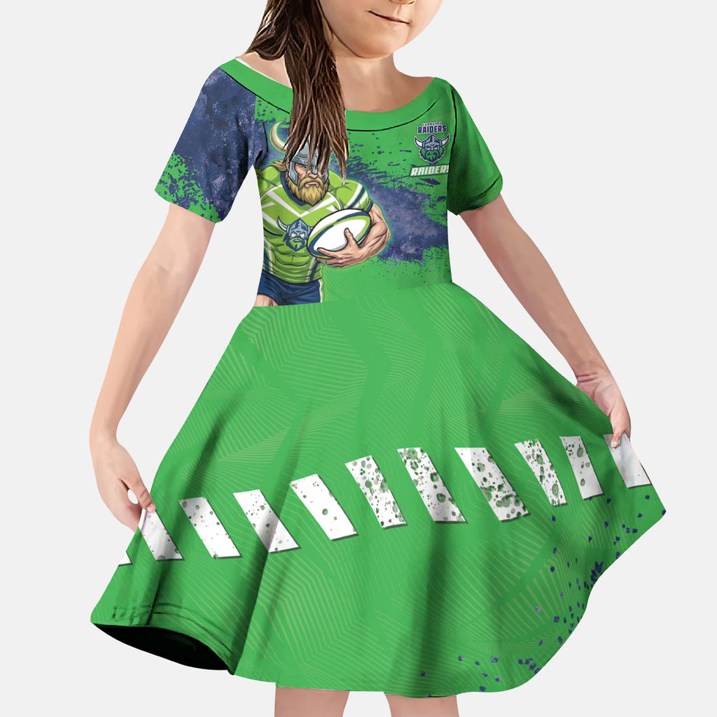 Personalised Canberra Raiders Rugby Kid Short Sleeve Dress Viking Green Machine Mascot - Sporty Splash Art Style
