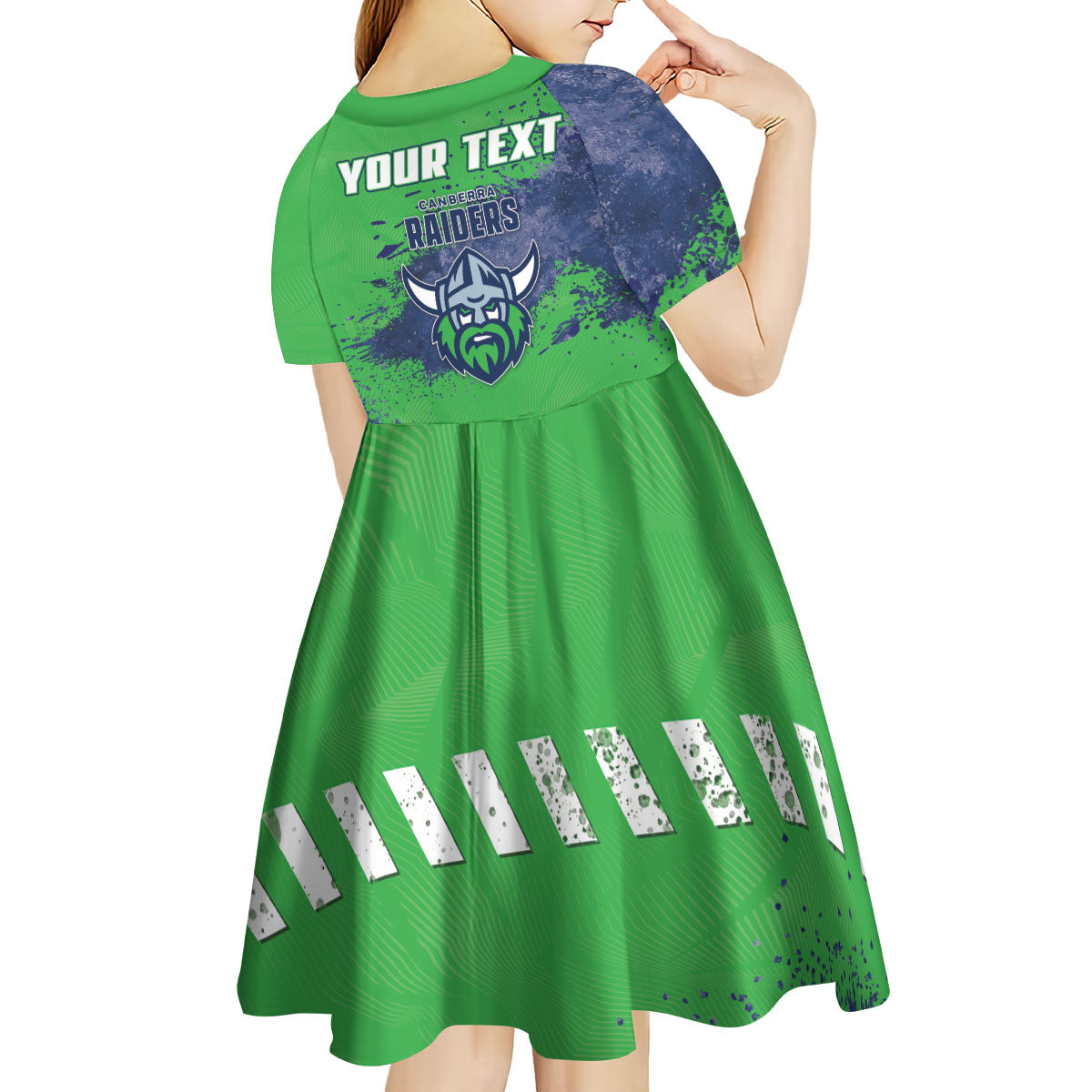 Personalised Canberra Raiders Rugby Kid Short Sleeve Dress Viking Green Machine Mascot - Sporty Splash Art Style