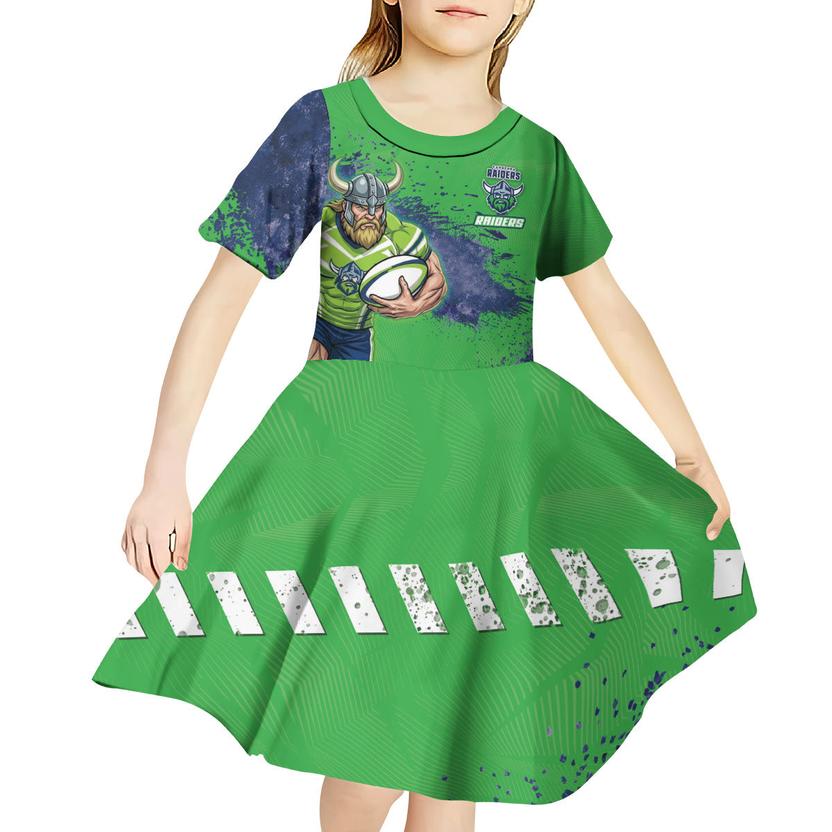 Personalised Canberra Raiders Rugby Kid Short Sleeve Dress Viking Green Machine Mascot - Sporty Splash Art Style