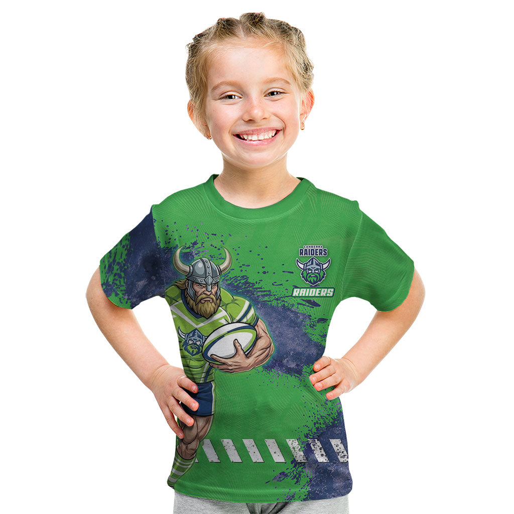 Personalised Canberra Raiders Rugby Kid T Shirt Viking Green Machine Mascot - Sporty Splash Art Style