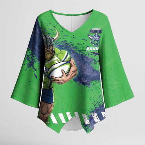 Personalised Canberra Raiders Rugby Kimono Sleeve Blouse Viking Green Machine Mascot - Sporty Splash Art Style
