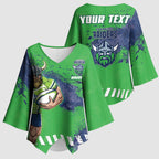 Personalised Canberra Raiders Rugby Kimono Sleeve Blouse Viking Green Machine Mascot - Sporty Splash Art Style