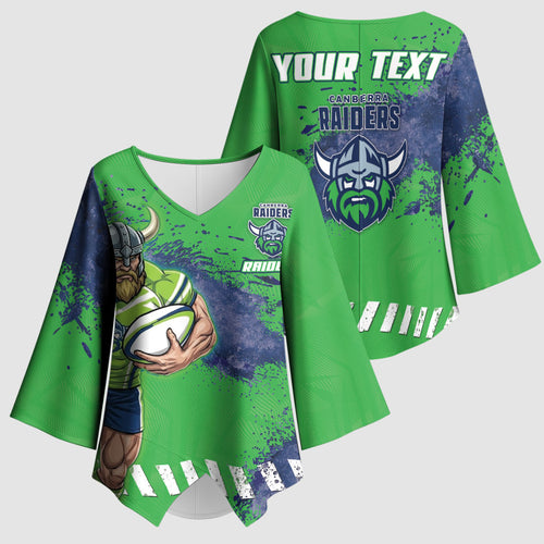 Personalised Canberra Raiders Rugby Kimono Sleeve Blouse Viking Green Machine Mascot - Sporty Splash Art Style