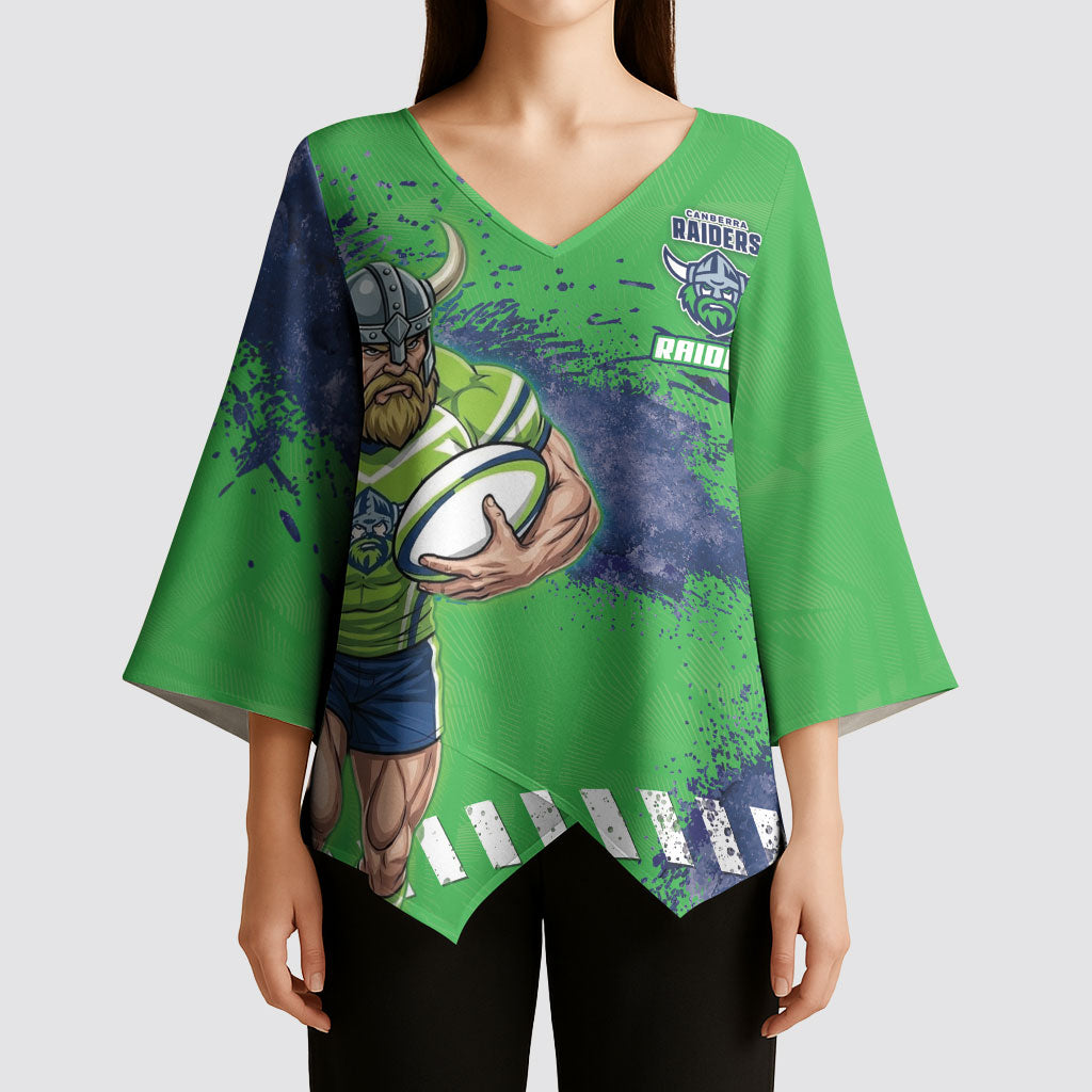 Personalised Canberra Raiders Rugby Kimono Sleeve Blouse Viking Green Machine Mascot - Sporty Splash Art Style