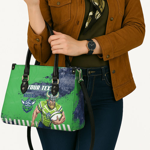 Personalised Canberra Raiders Rugby Leather Bag Viking Green Machine Mascot - Sporty Splash Art Style