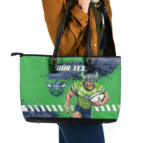 Personalised Canberra Raiders Rugby Leather Tote Bag Viking Green Machine Mascot - Sporty Splash Art Style